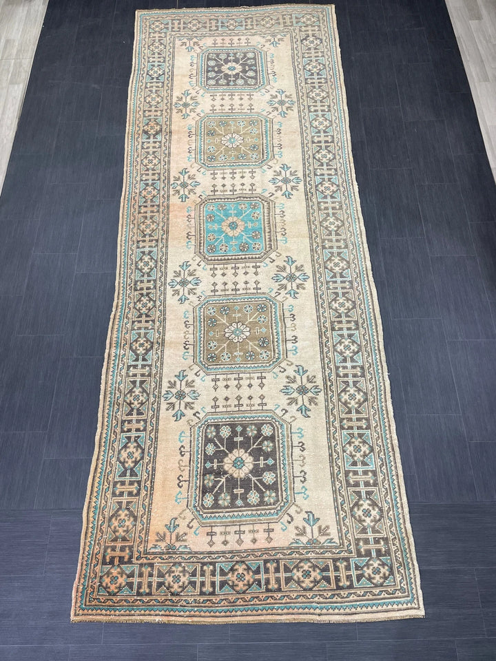 Beige Turkish Runner Rug 4' 7" x 12' 7" Hand-Knotted | No. WR96871
