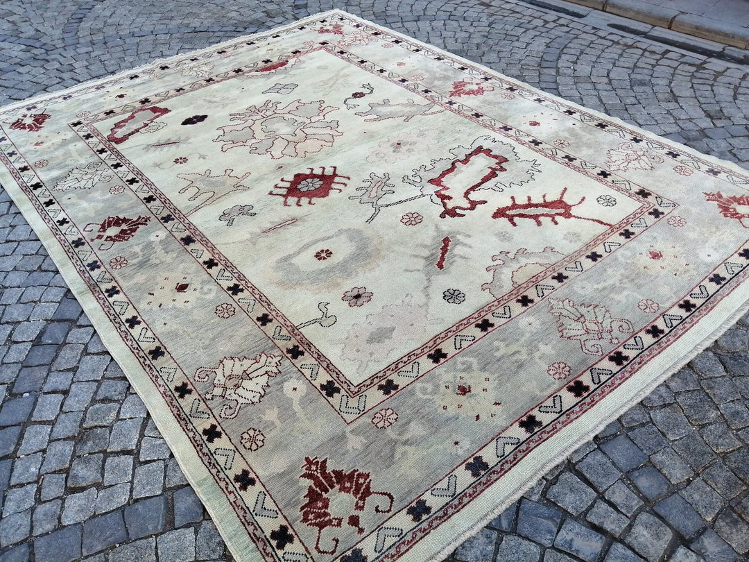 Beige Turkish Runner Rug 9' 1" x 12' Hand-Knotted | No. WR96873