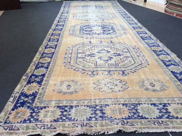 Blue Turkish Runner Rug 4' 7" x 13' 4" Hand-Knotted | No. WR97656