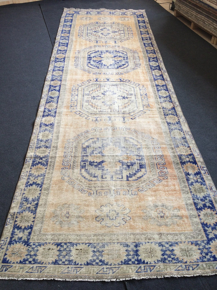 Blue Turkish Runner Rug 4' 7" x 13' 4" Hand-Knotted | No. WR97656