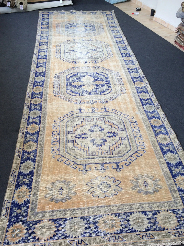 Blue Turkish Runner Rug 4' 7" x 13' 4" Hand-Knotted | No. WR97656
