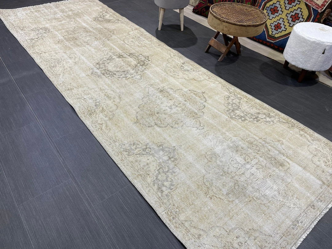 Beige Turkish Runner Rug 3' 7" x 10' 10" Hand-Knotted | No. WR97845
