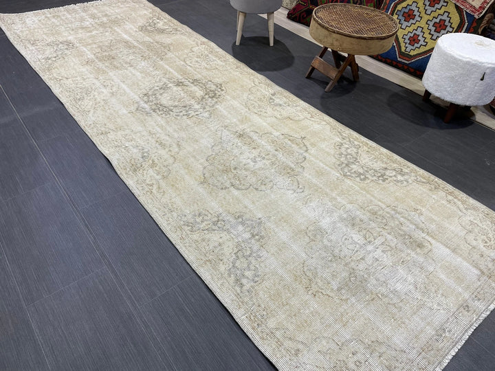 Beige Turkish Runner Rug 3' 7" x 10' 10" Hand-Knotted | No. WR97845