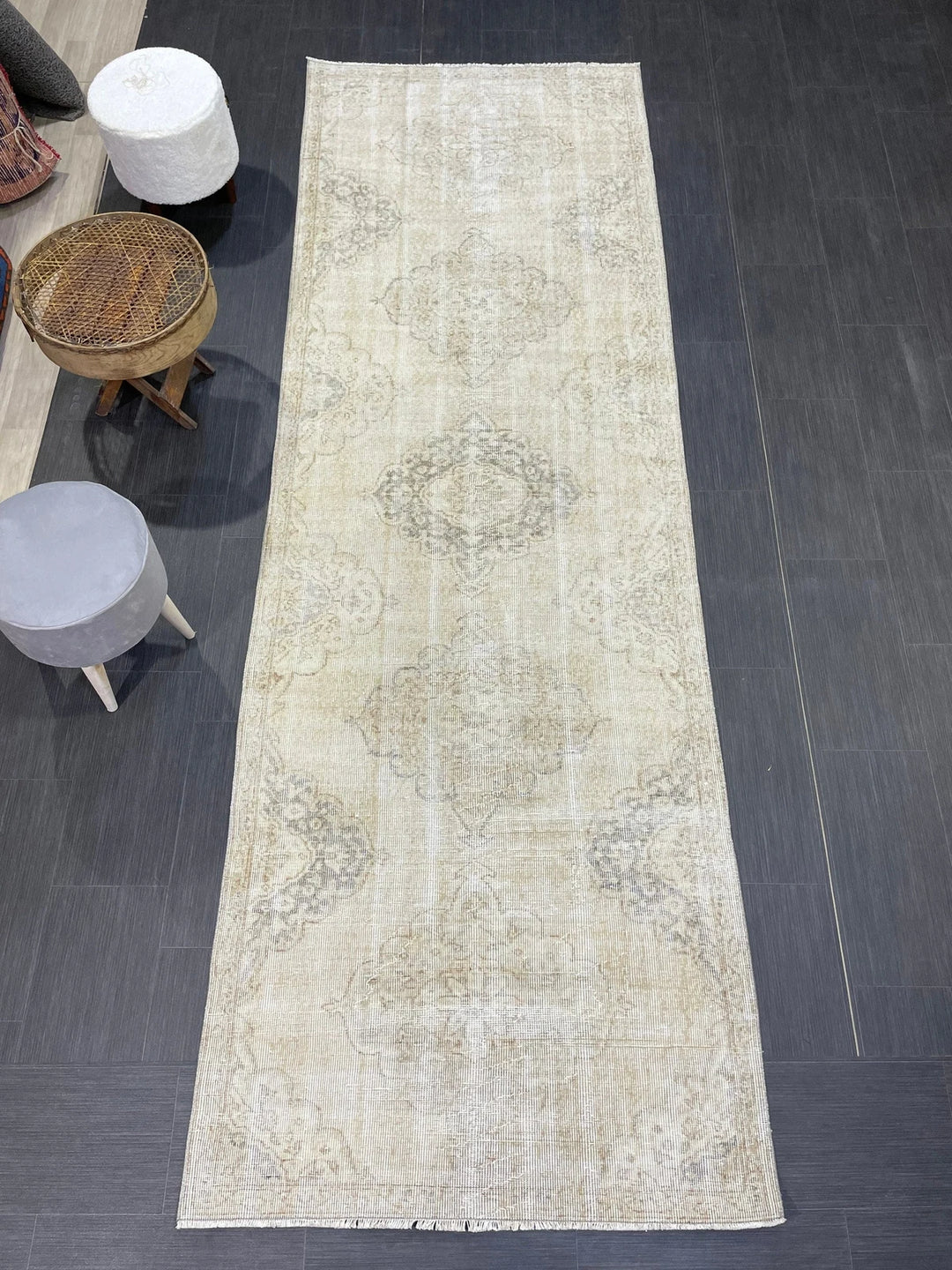 Beige Turkish Runner Rug 3' 7" x 10' 10" Hand-Knotted | No. WR97845