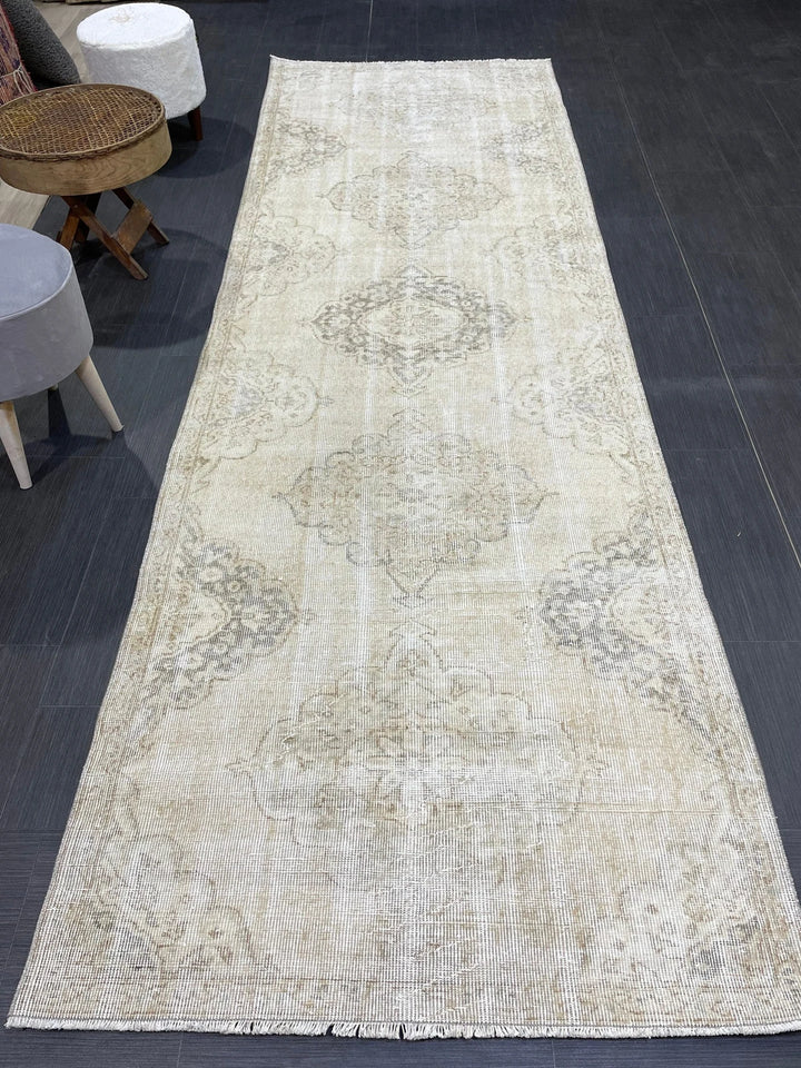 Beige Turkish Runner Rug 3' 7" x 10' 10" Hand-Knotted | No. WR97845