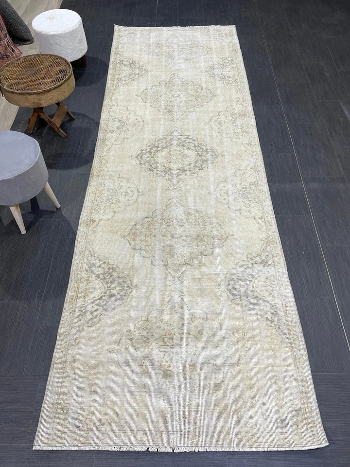 Beige Turkish Runner Rug 3' 7" x 10' 10" Hand-Knotted | No. WR97845