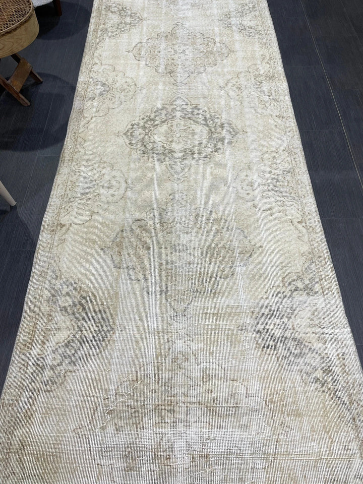 Beige Turkish Runner Rug 3' 7" x 10' 10" Hand-Knotted | No. WR97845