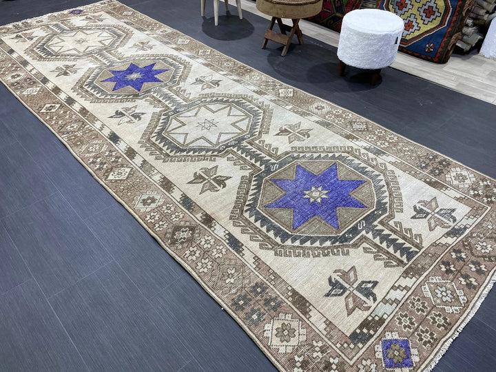 Beige Turkish Runner Rug 4' 4" x 12' Hand-Knotted | No. WR98541