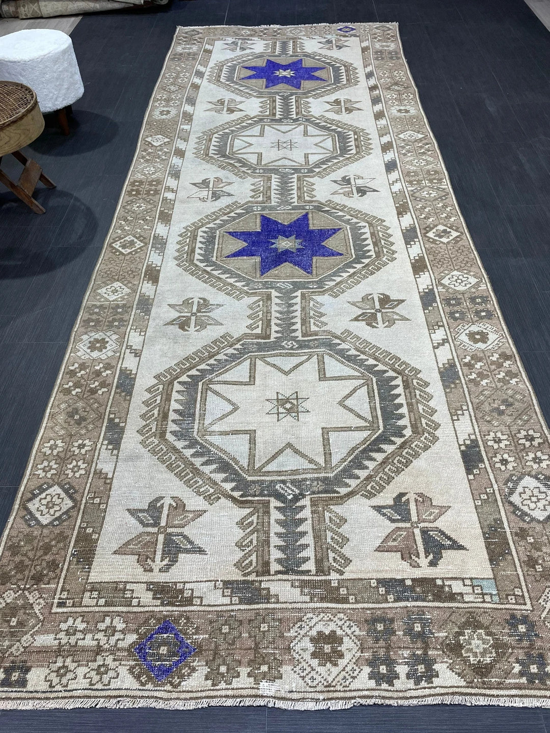Beige Turkish Runner Rug 4' 4" x 12' Hand-Knotted | No. WR98541