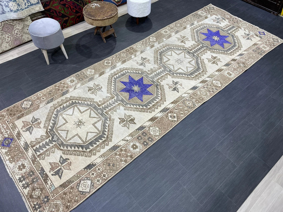 Beige Turkish Runner Rug 4' 4" x 12' Hand-Knotted | No. WR98541