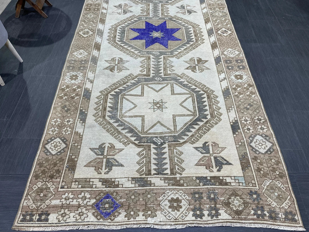 Beige Turkish Runner Rug 4' 4" x 12' Hand-Knotted | No. WR98541