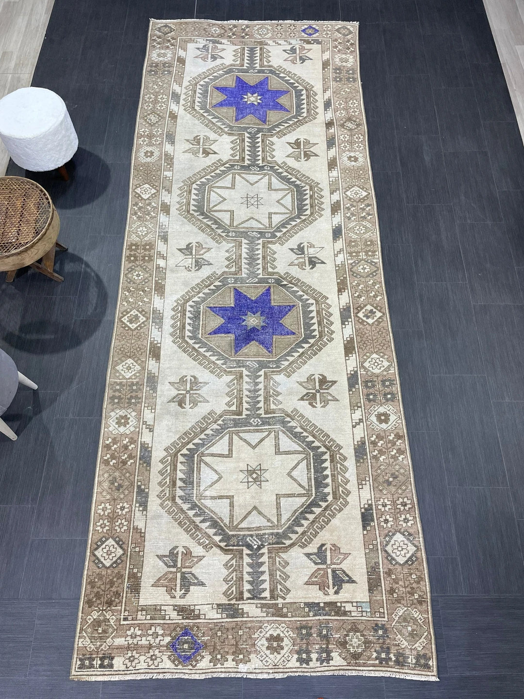 Beige Turkish Runner Rug 4' 4" x 12' Hand-Knotted | No. WR98541