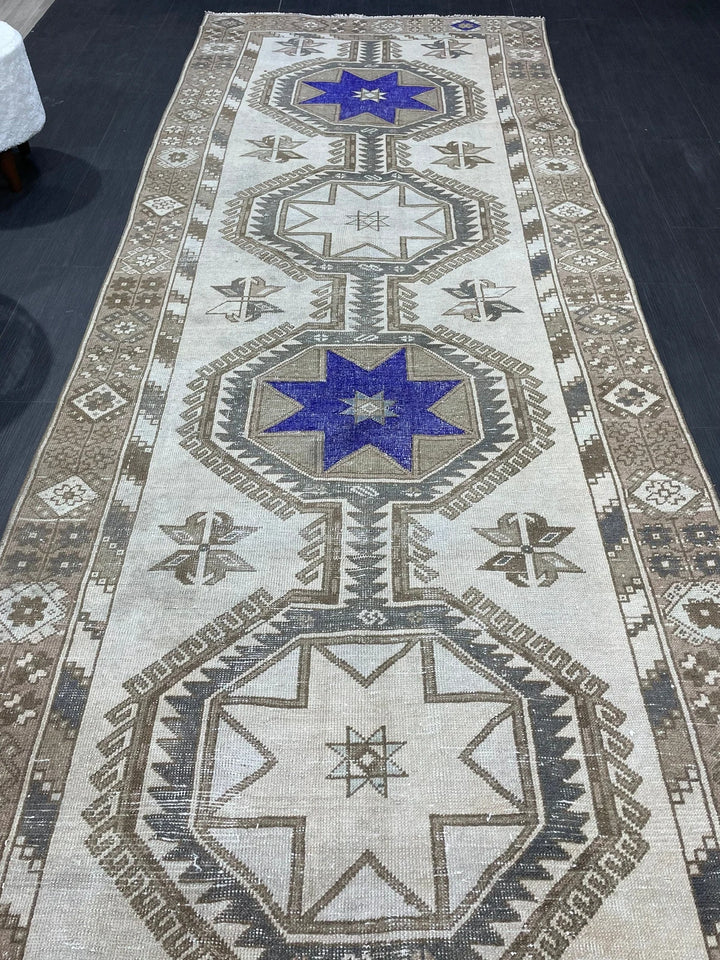 Beige Turkish Runner Rug 4' 4" x 12' Hand-Knotted | No. WR98541