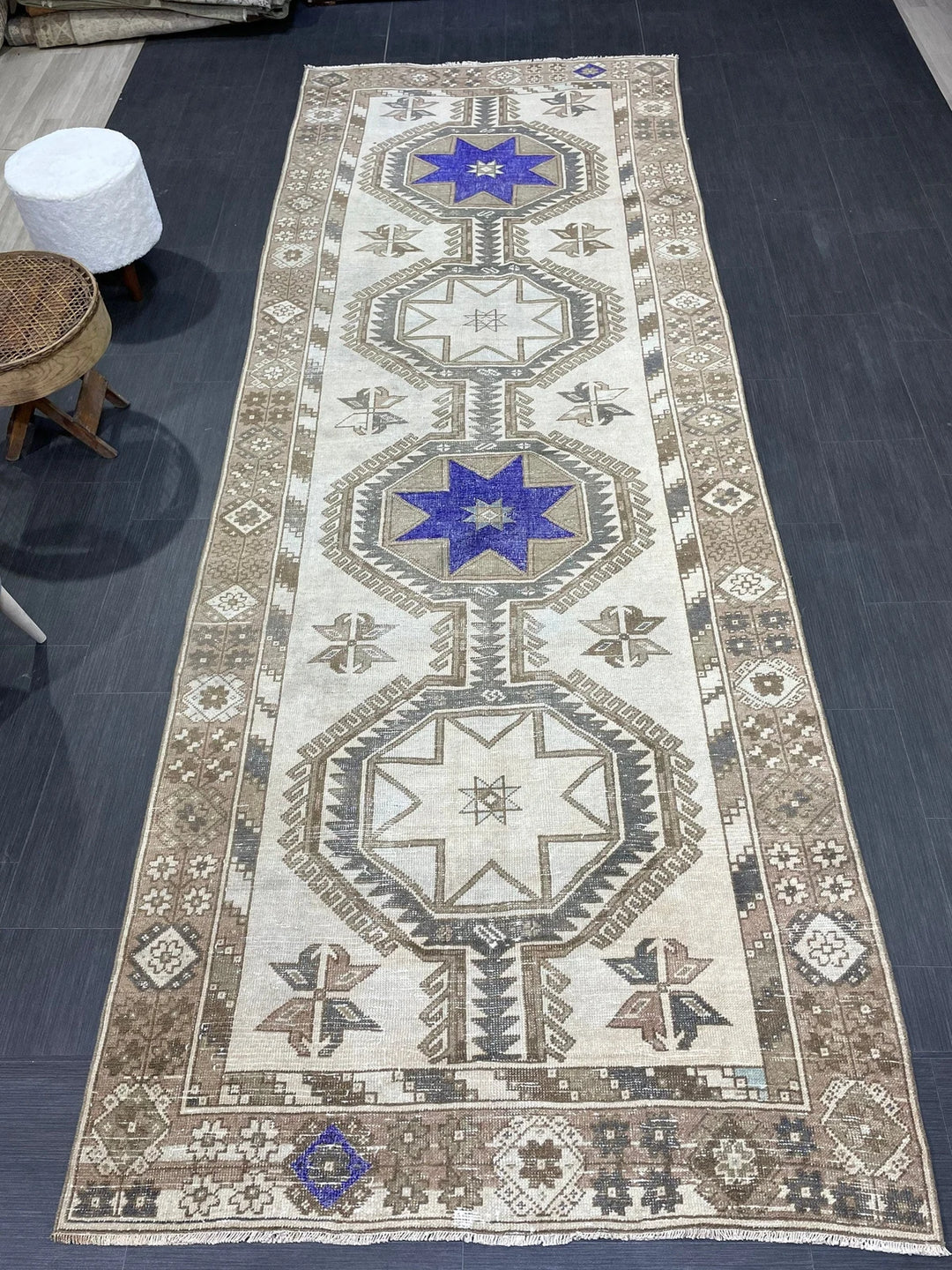Beige Turkish Runner Rug 4' 4" x 12' Hand-Knotted | No. WR98541