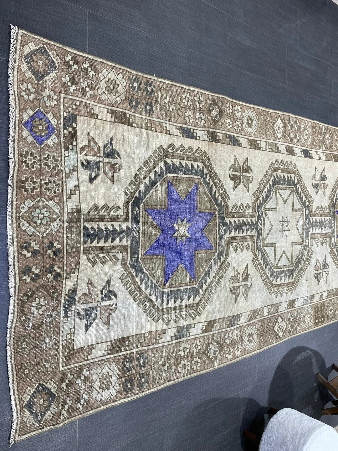 Beige Turkish Runner Rug 4' 4" x 12' Hand-Knotted | No. WR98541