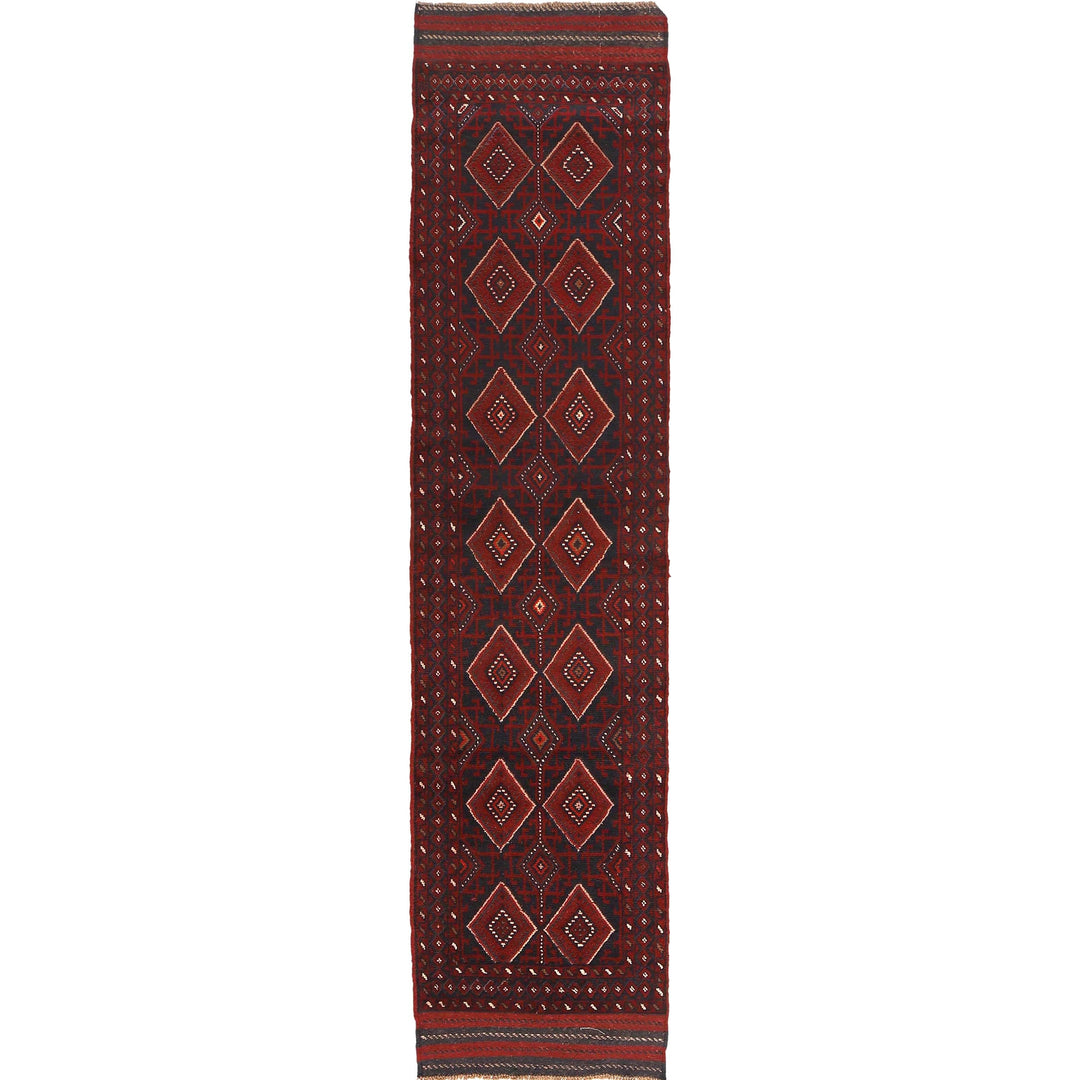 Deep Red Afghan Mashwani Rug 2' 4" x 10' 9" Hand-Knotted