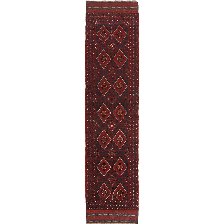 Deep Red Afghan Mashwani Rug 2' 4" x 10' 9" Hand-Knotted
