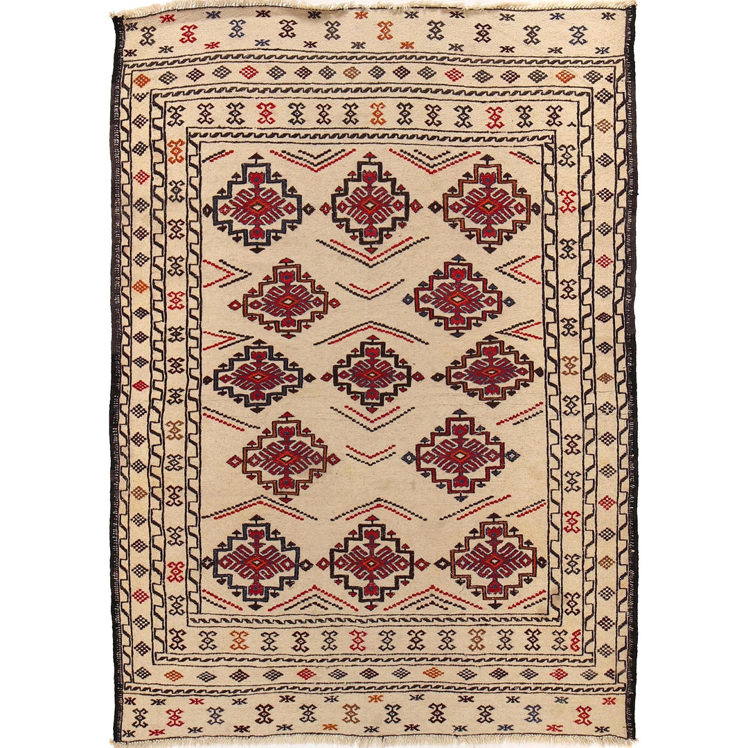 White Afghan Soumak Rug 4' 6" x 6' 4" Flat-Weave