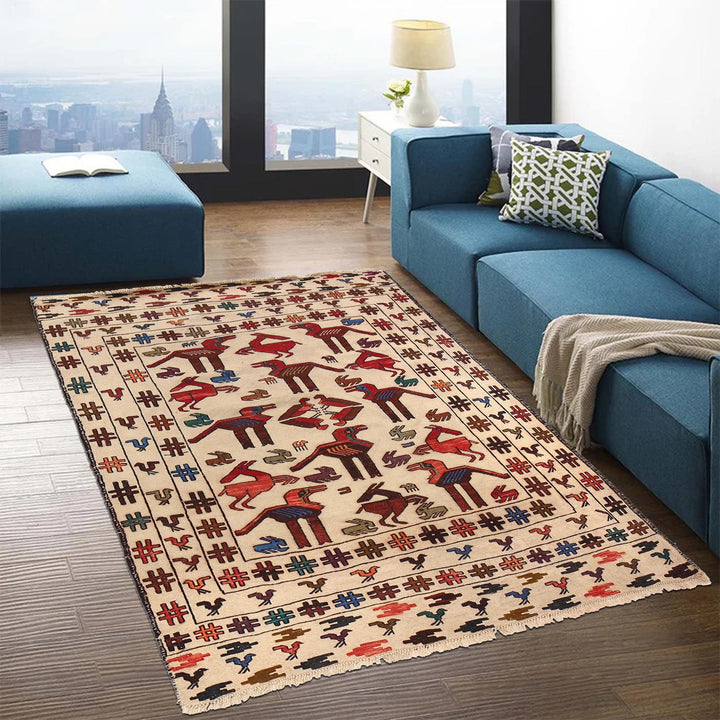 White Afghan Soumak Rug 4' 5" x 5' 4" Flat-Weave texture