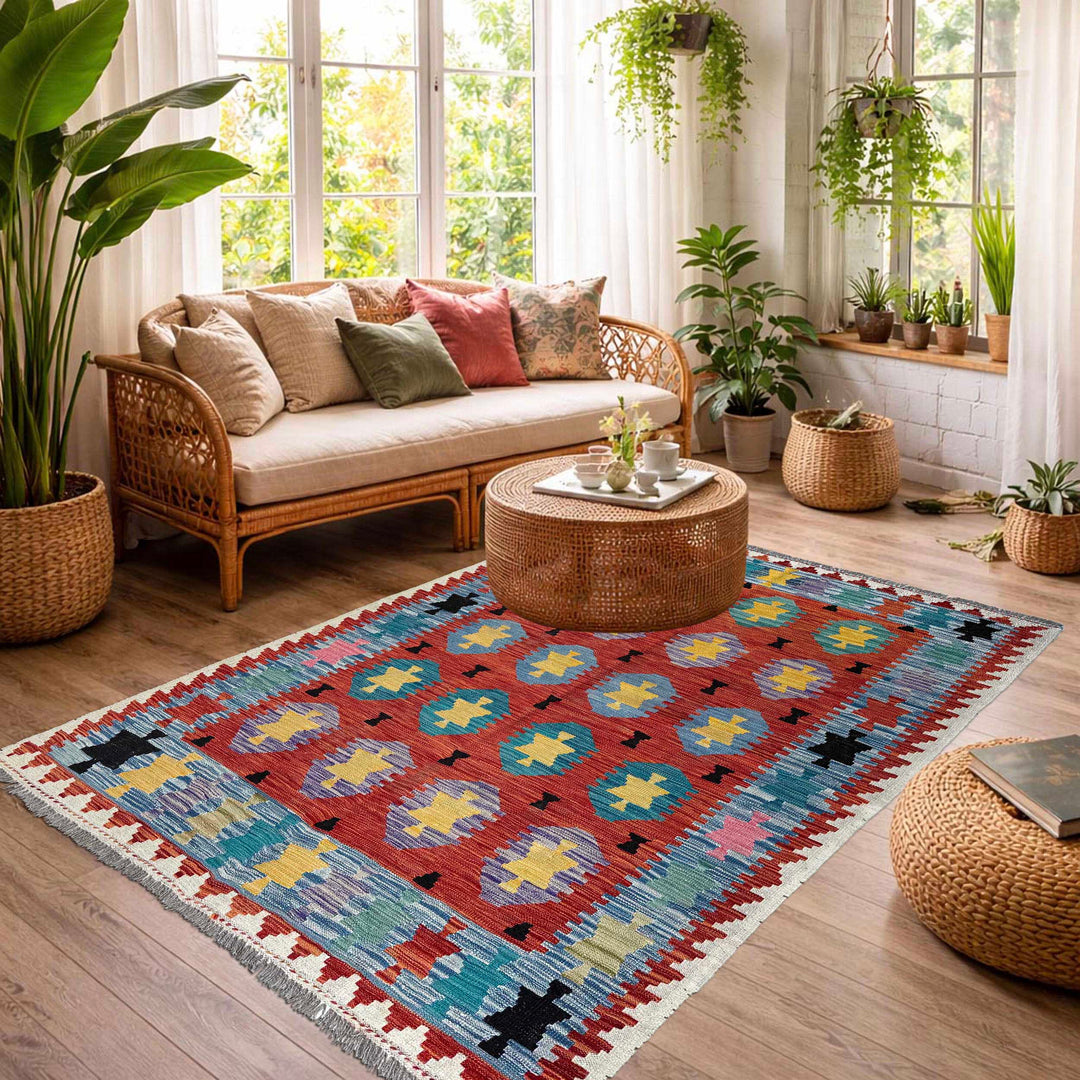 Afghan Vegetable Kilim Rug 4' 9" x 6' 6" Flat-Weave reverse