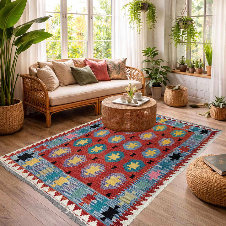 Afghan Vegetable Kilim Rug 4' 9" x 6' 6" Flat-Weave reverse