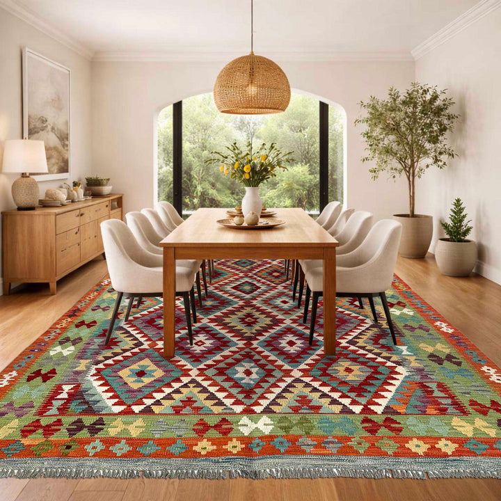 Afghan Vegetable Kilim Rug 6' 8" x 9' 3" Flat-Weave reverse