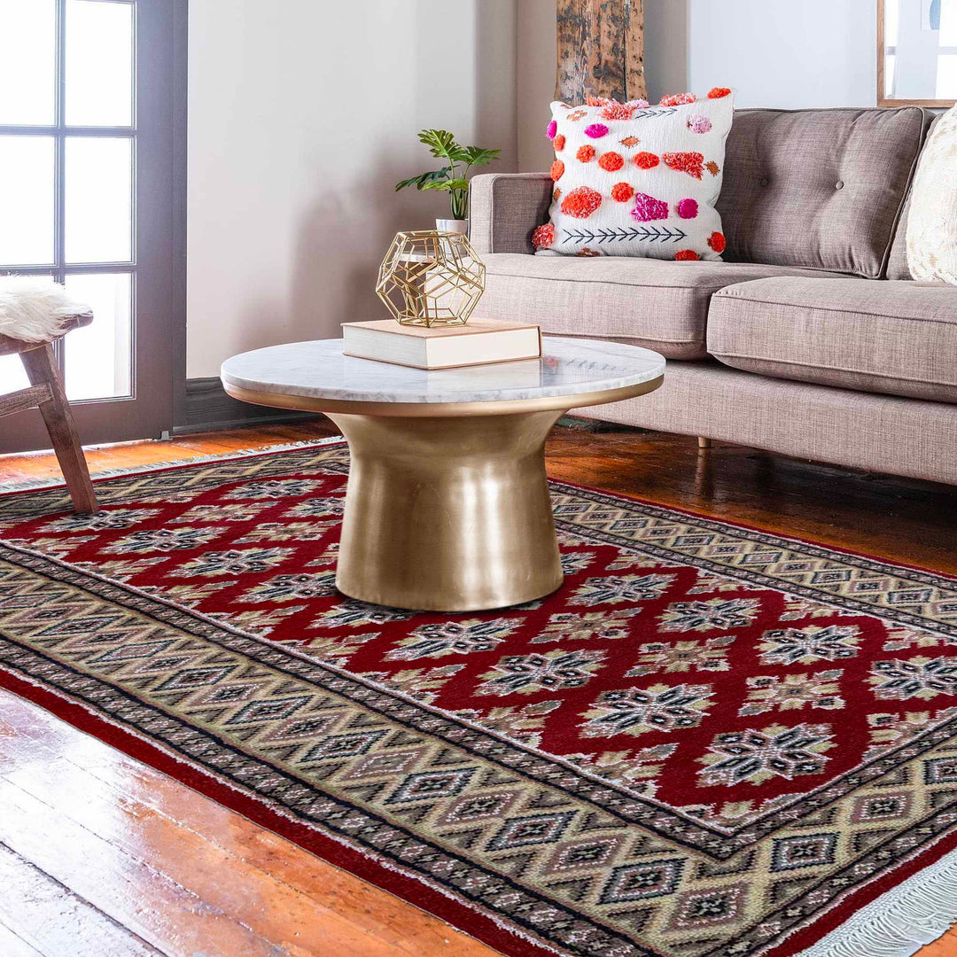 Red Pakistani Jaldar Rug 3' 1" x 5' 2" Hand-Knotted | No. AL77253