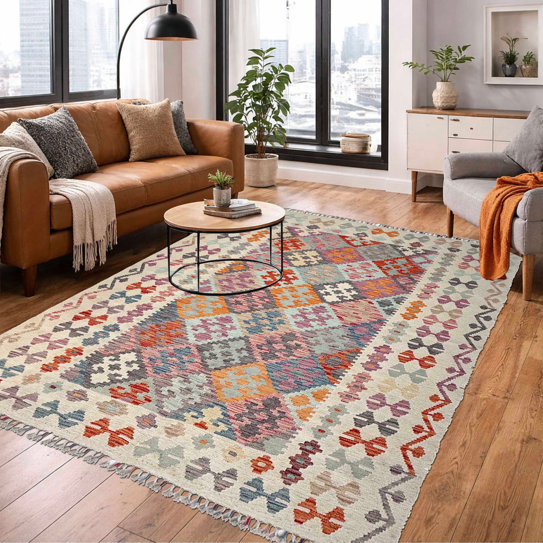 Afghan Vegetable Kilim Rug 5' 0" x 6' 7" Flat-Weave reverse