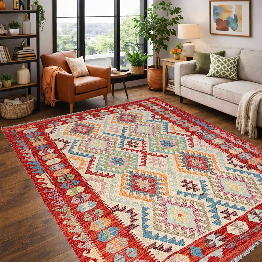 Afghan Vegetable Kilim Rug 5'1" x 6'8" Flat-Weave reverse