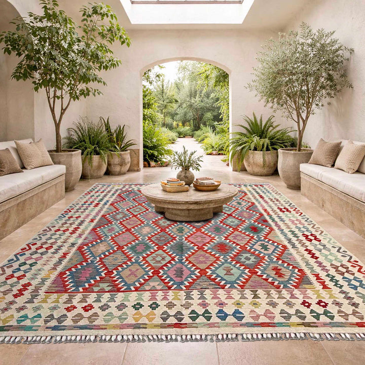 Afghan Vegetable Kilim Rug 8' 5" x 9' 9" Flat-Weave | No. AL80780