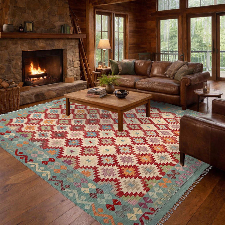 Afghan Vegetable Kilim Rug 8' 4" x 9' 11" Flat-Weave reverse