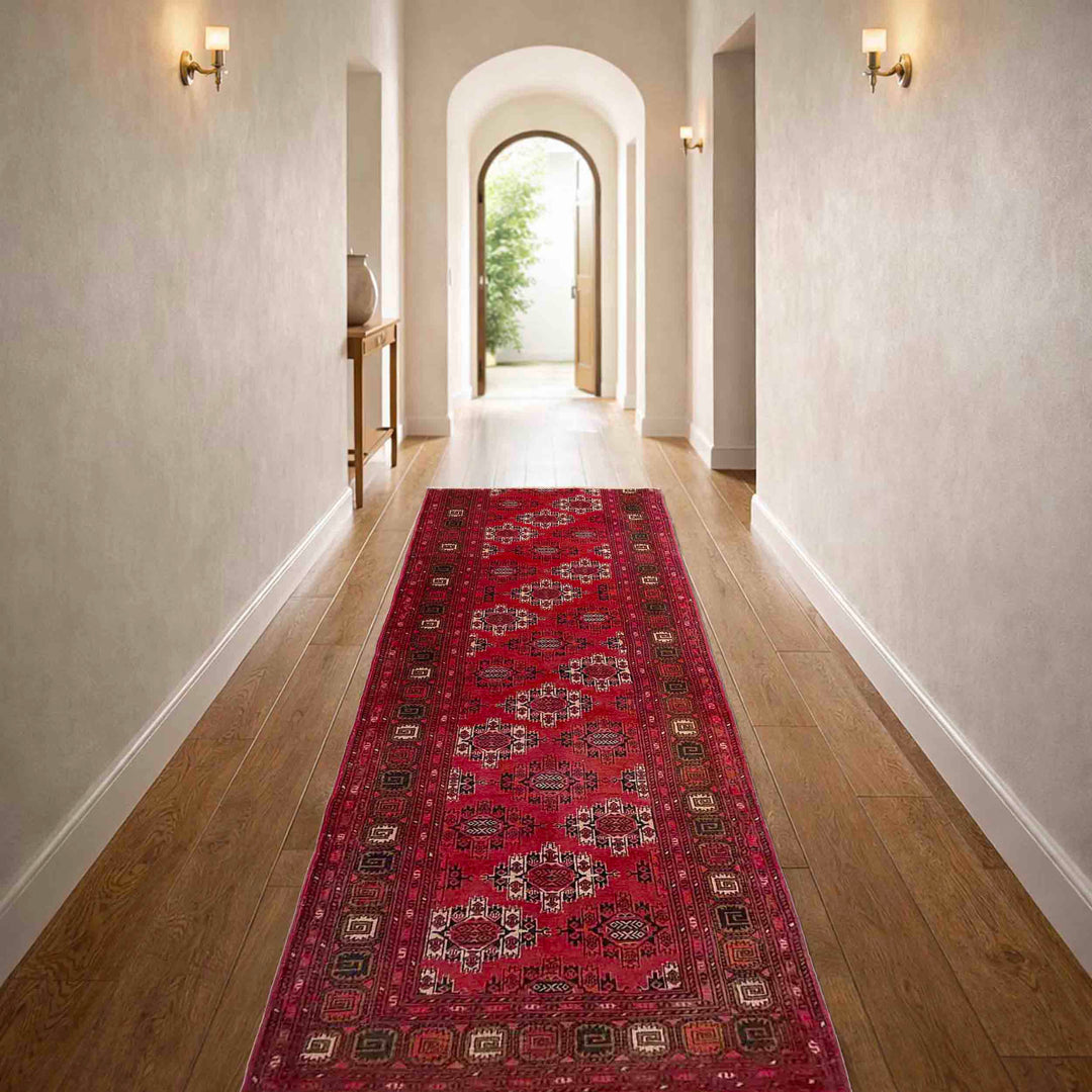 Red Afghan Khoja Roshnai Runner Rug 2' 5" x 7' 10" Hand-Knotted reverse