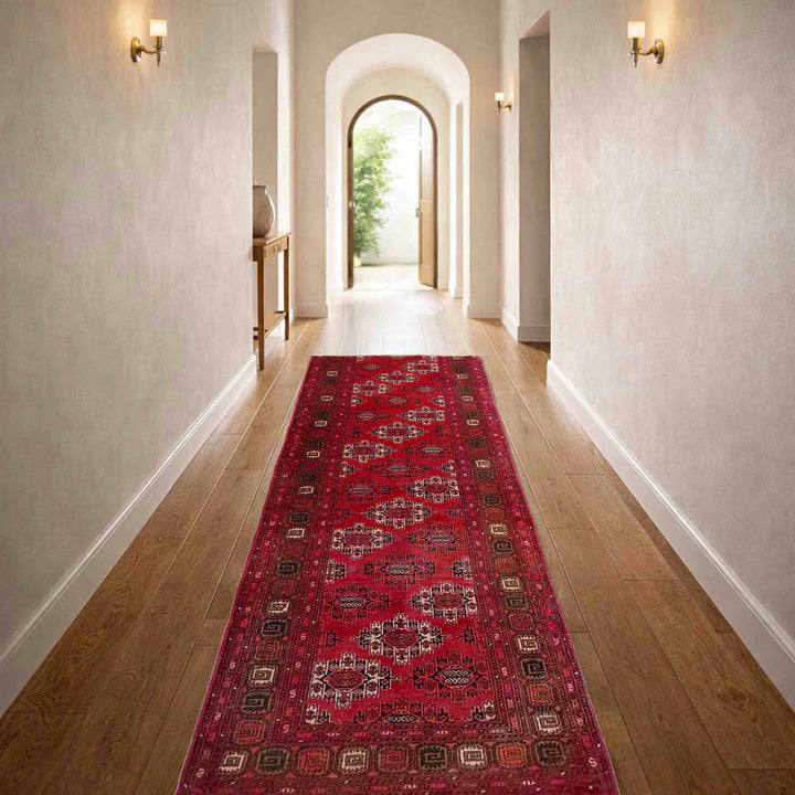 Red Afghan Khoja Roshnai Runner Rug 2' 5" x 7' 10" Hand-Knotted reverse