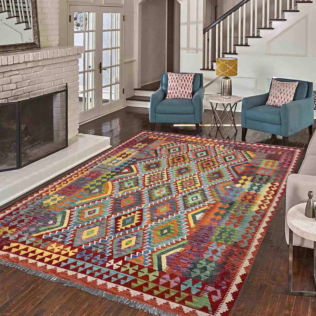 Afghan Vegetable Kilim Rug 7' 1" x 10' 1" Flat-Weave | No. AL12233