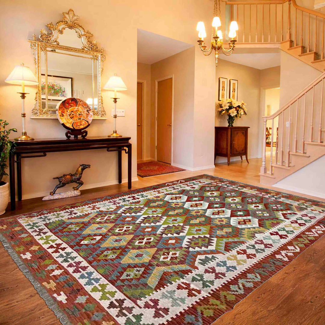 Afghan Vegetable Kilim Rug 6' 6" x 9' 8" Flat-Weave reverse