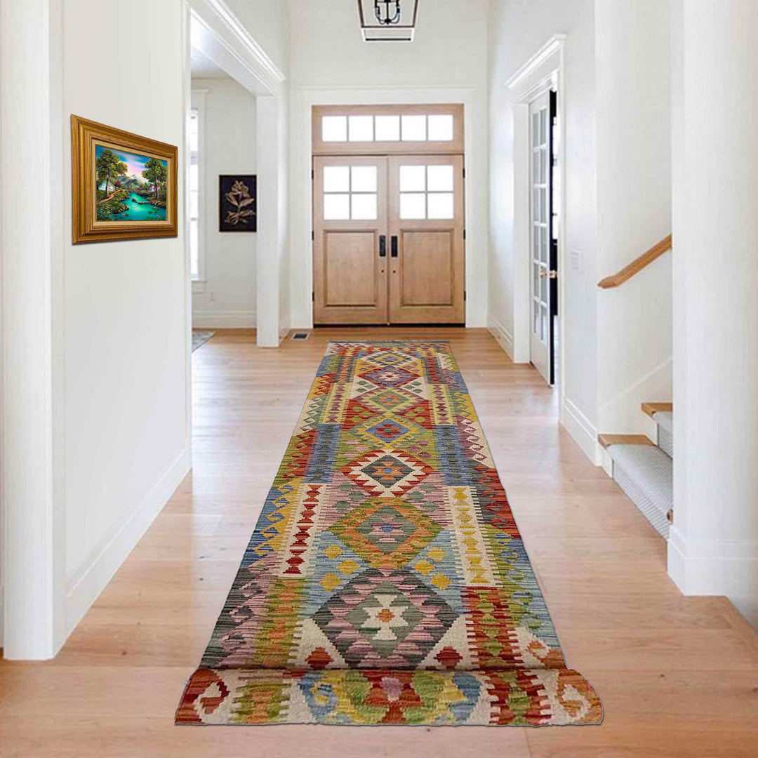 Hand Knotted Afghan Style Kilim Runner 2' 6" x 12' 11" - No. AL38067