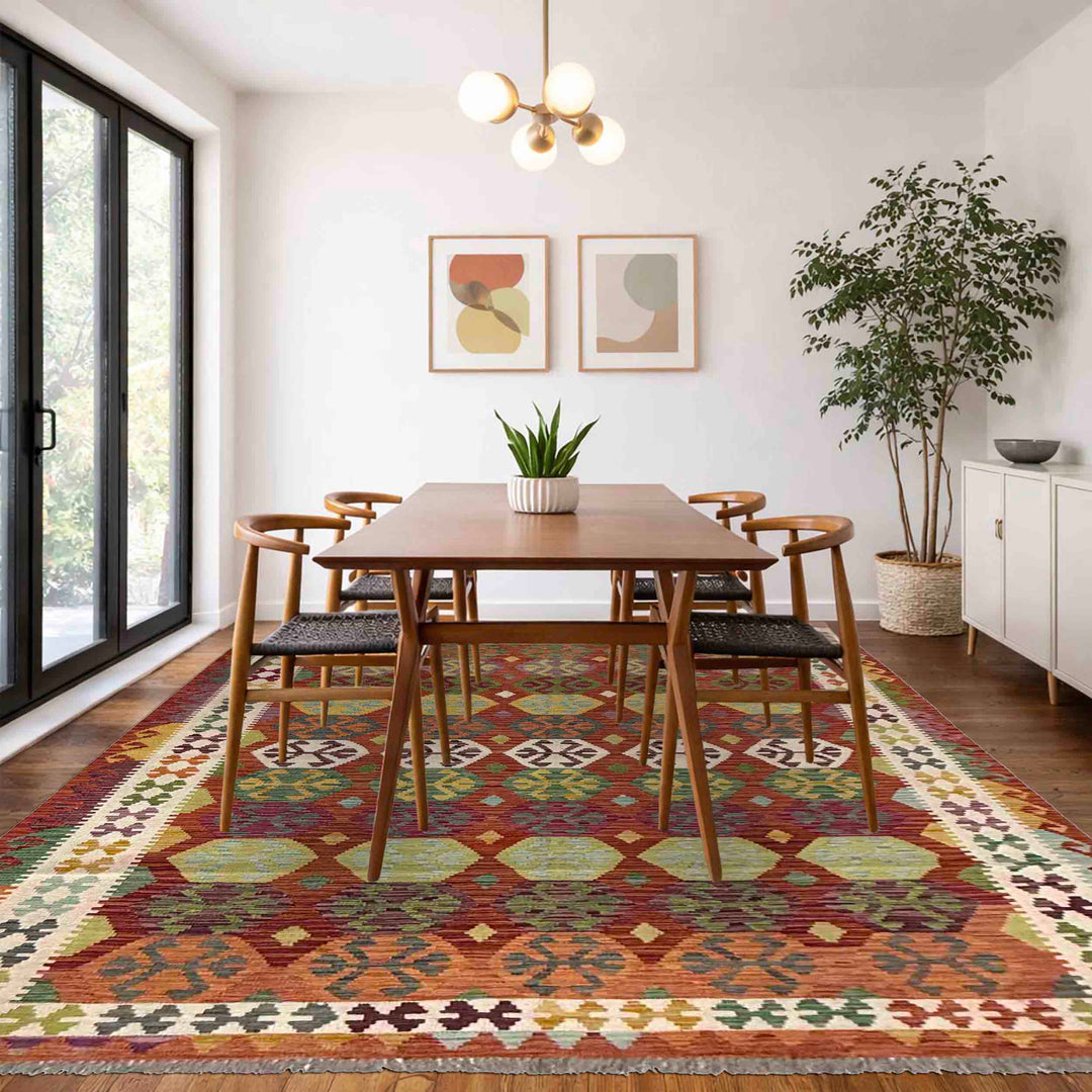 Afghan Vegetable Kilim Rug 6' 8" x 9' 10" Flat-Weave | No. AL19653