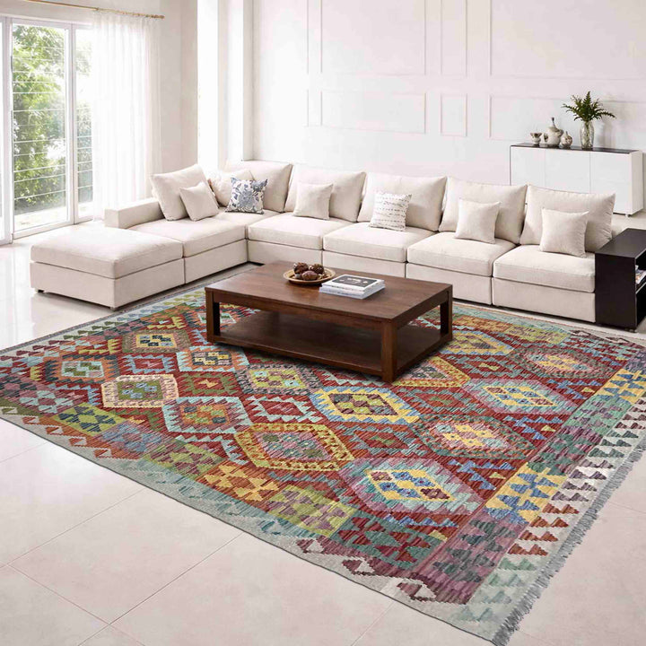 Afghan Vegetable Kilim Rug 6' 8" x 9' 9" Flat-Weave reverse