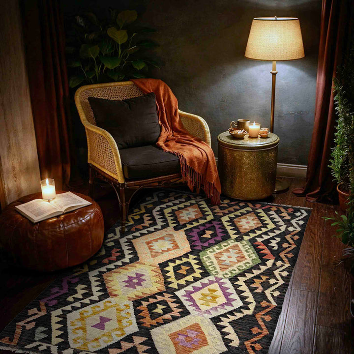 Multicolor Afghan Vegetable Kilim Rug 3'4" x 5'0" Flat-Weave reverse