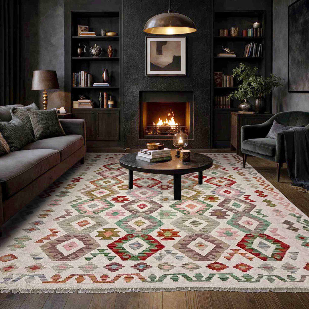 Afghan Vegetable Kilim Rug 5' 10" x 7' 7" Flat-Weave reverse