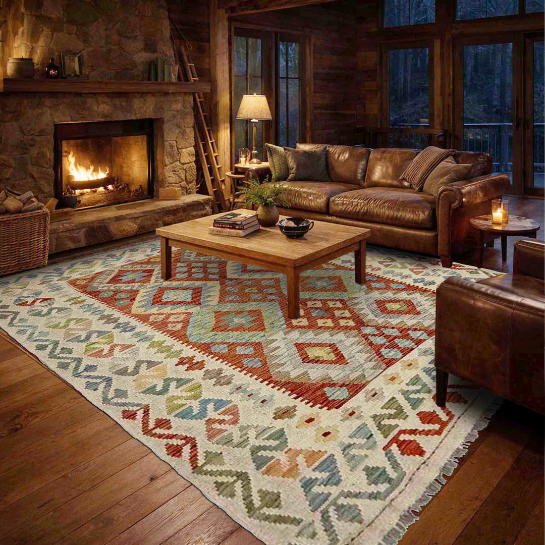 Afghan Vegetable Kilim Rug 4' 9" x 6' 7" Flat-Weave reverse