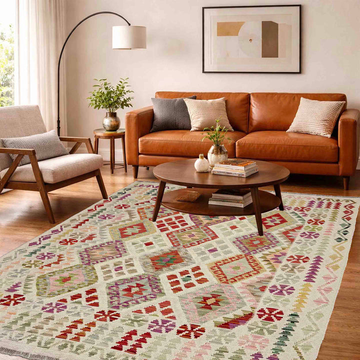 Afghan Vegetable Kilim Rug 5'0" x 6'5" Flat-Weave reverse