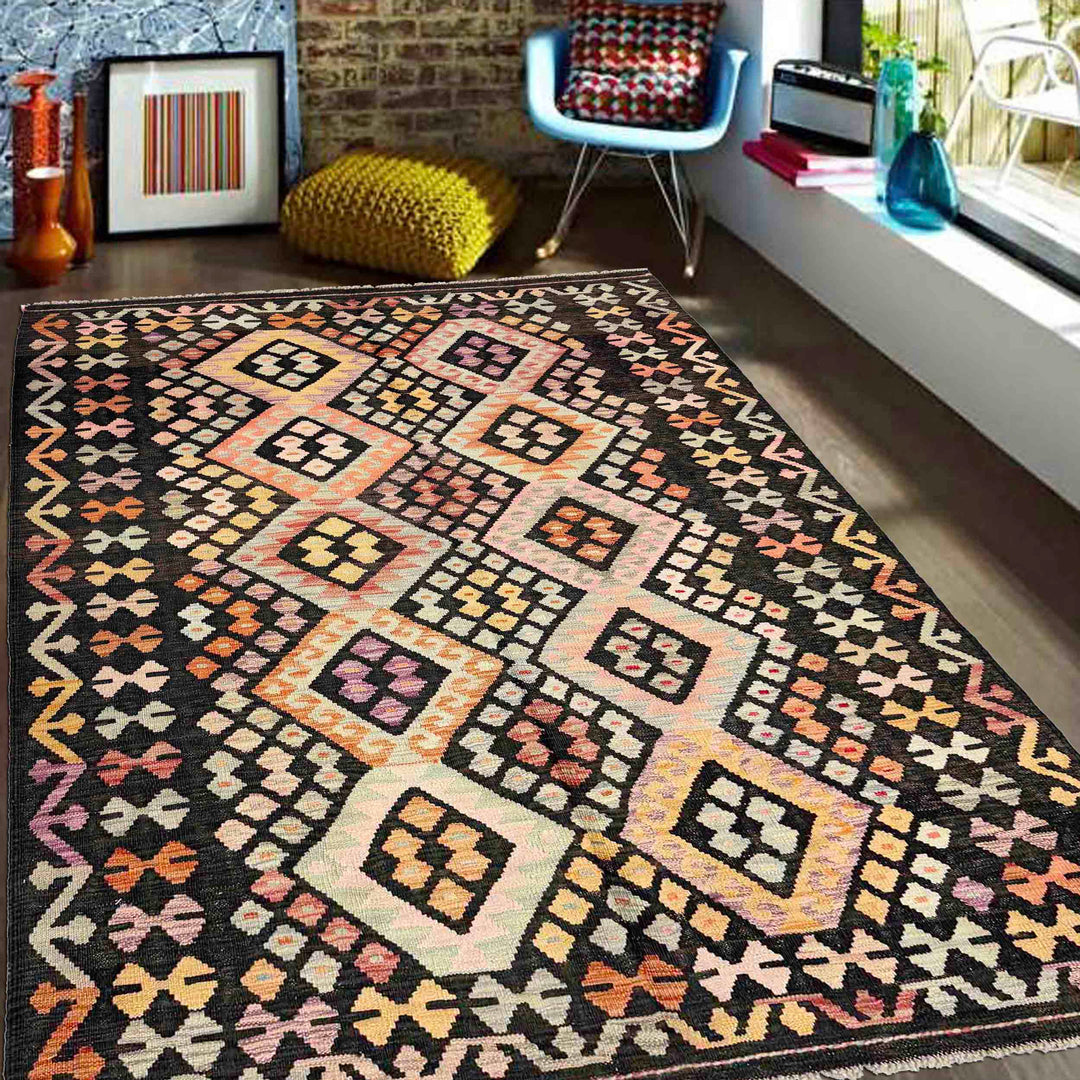 Afghan Vegetable Kilim Rug 5' 0" x 6' 6" Flat-Weave reverse