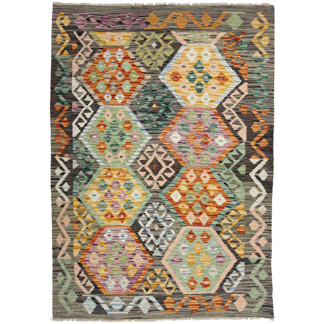 Afghan Vegetable Kilim Rug 4' 0" x 5' 10" Flat-Weave