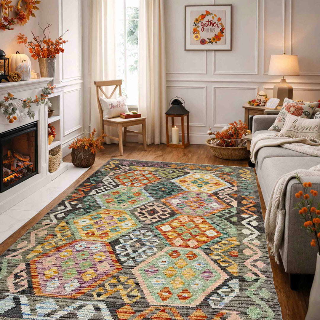 Afghan Vegetable Kilim Rug 4' 0" x 5' 10" Flat-Weave reverse