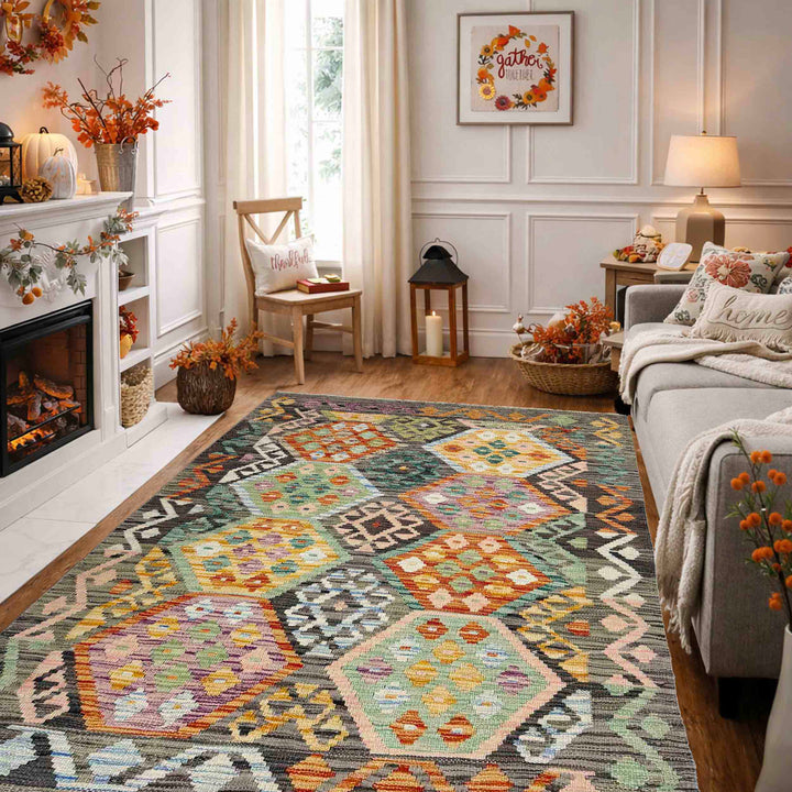 Afghan Vegetable Kilim Rug 4' 0" x 5' 10" Flat-Weave reverse