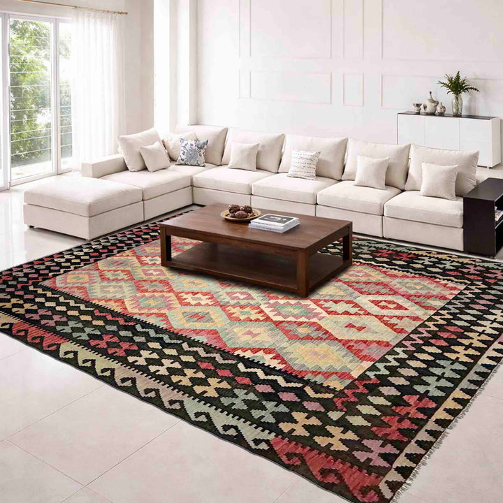 Afghan Vegetable Kilim Rug 6' 8" x 9' 5" Flat-Weave reverse