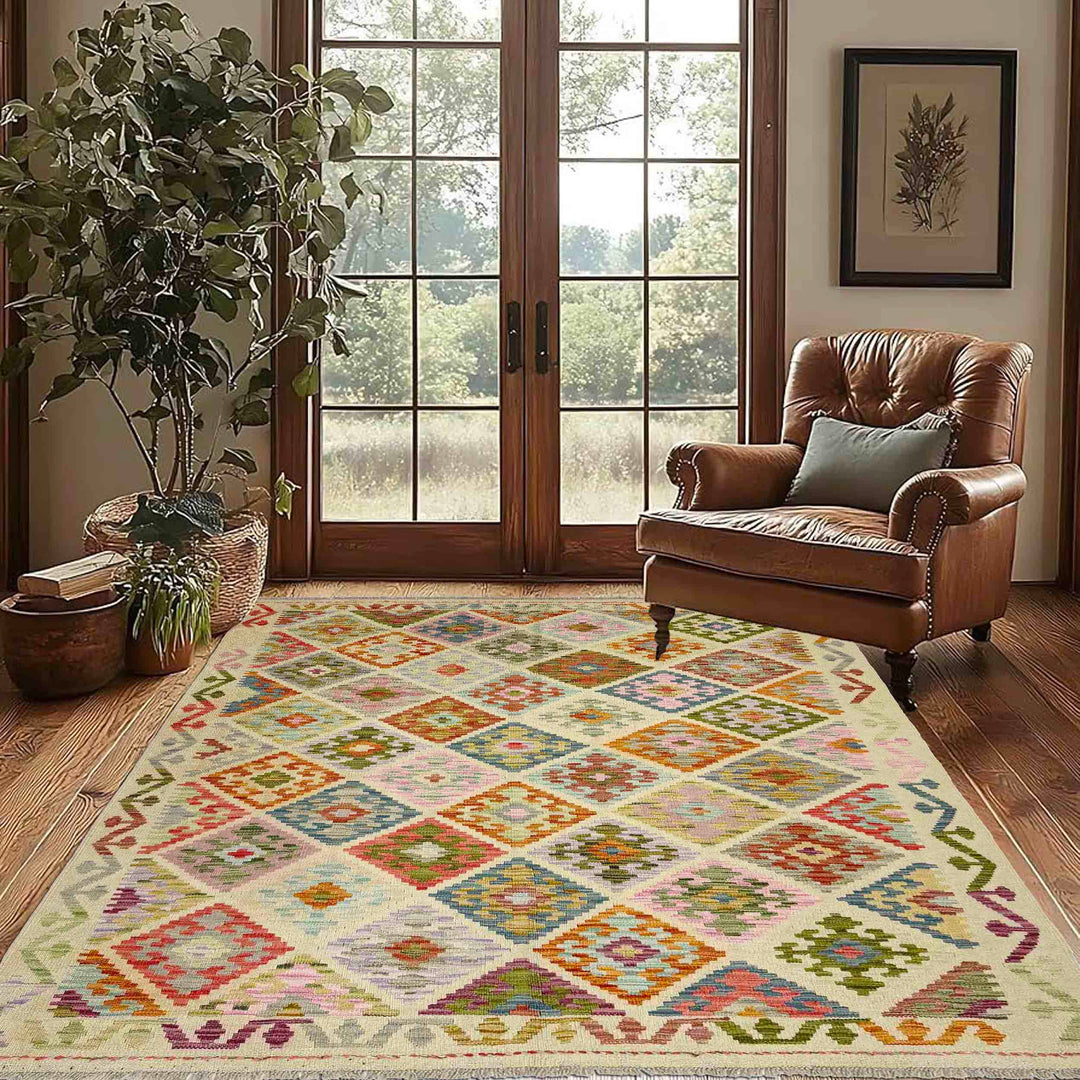 Afghan Vegetable Kilim Rug 4' 10" x 6' 7" Flat-Weave reverse