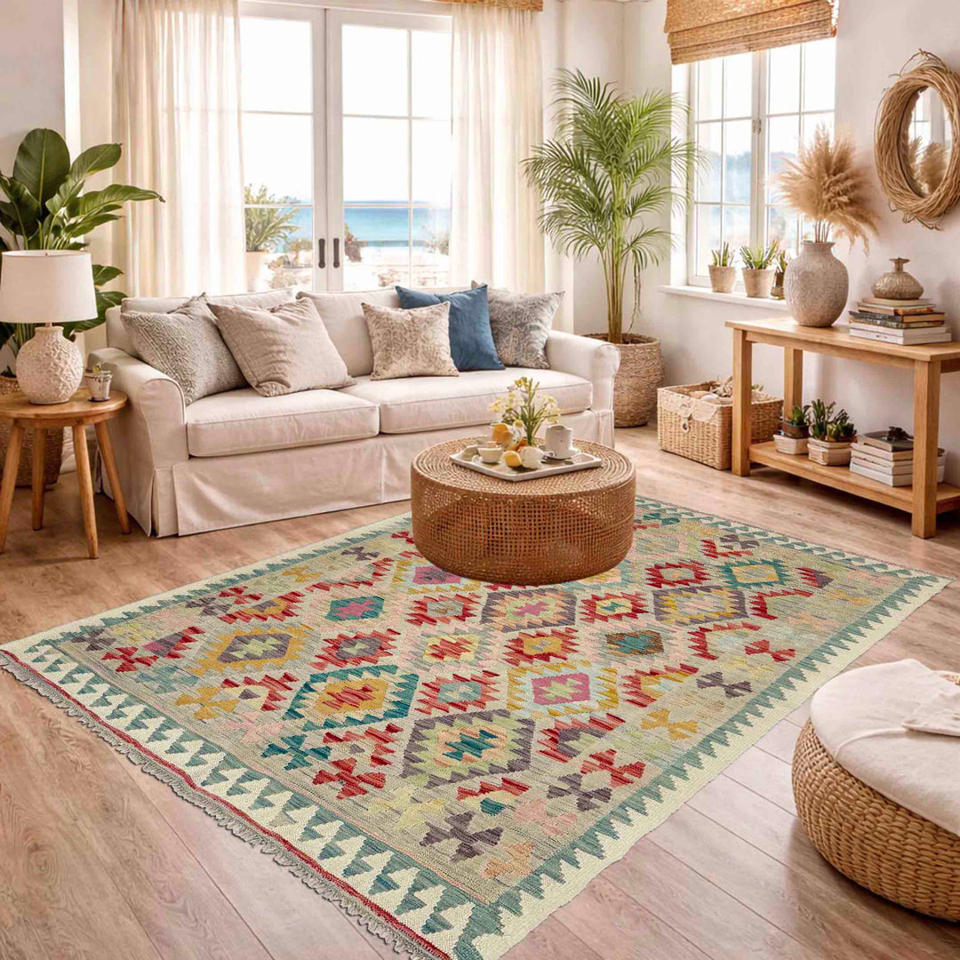 Afghan Vegetable Kilim Rug 5' 1" x 6' 7" Flat-Weave reverse