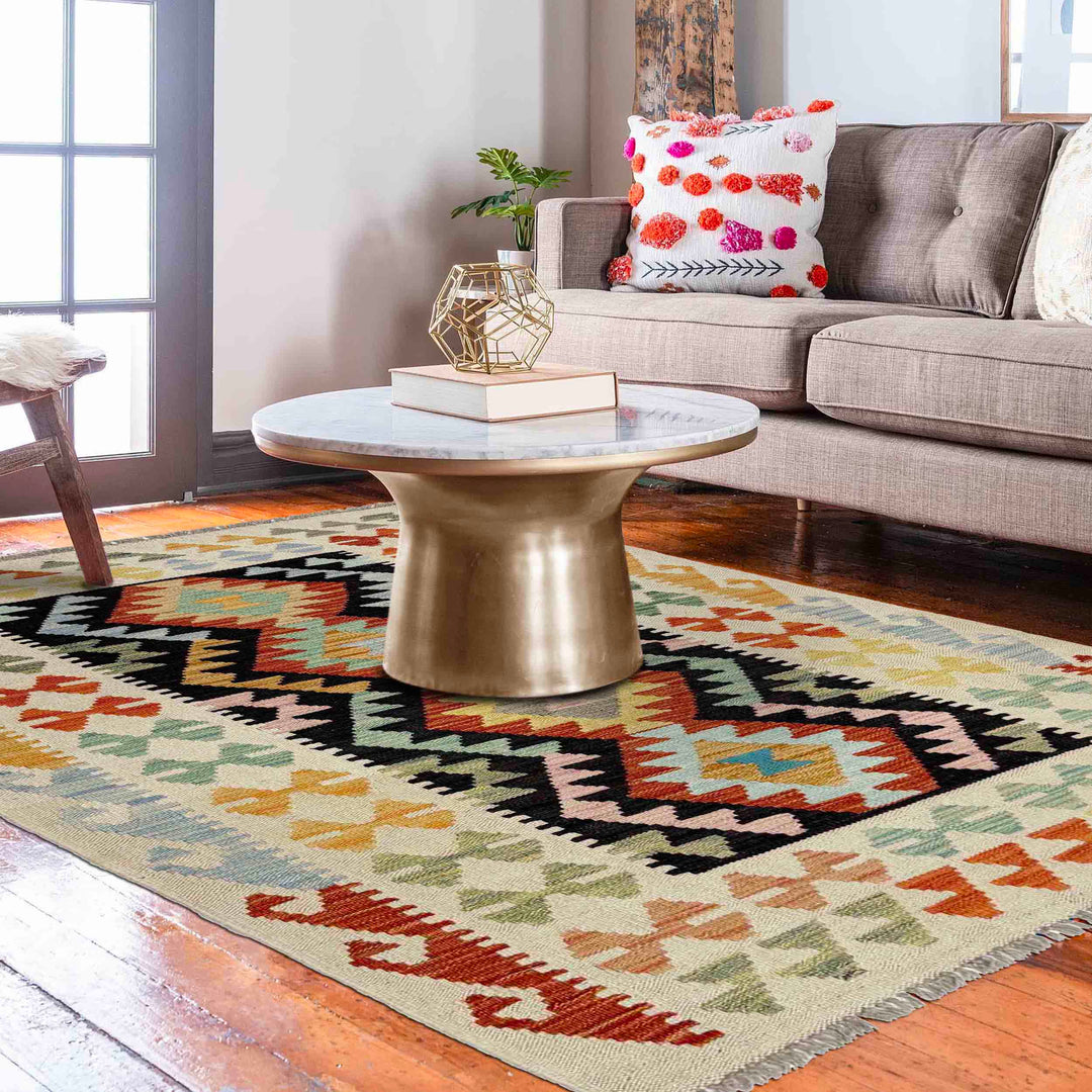 Afghan Vegetable Kilim Rug 3' 3" x 4' 10" Flat-Weave reverse